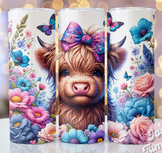 Blue pink flowers with cow tumbler