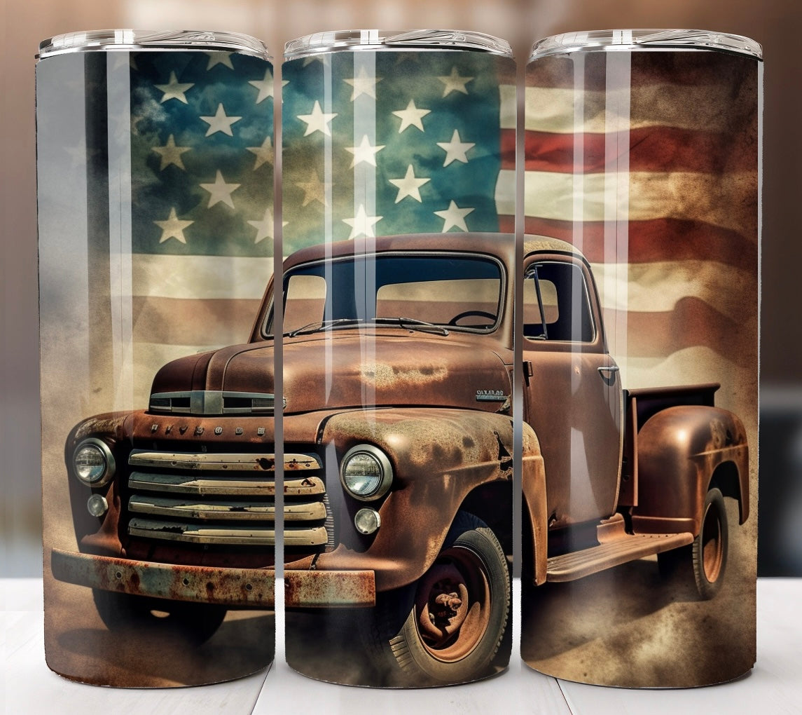 Old truck with flag tumbler