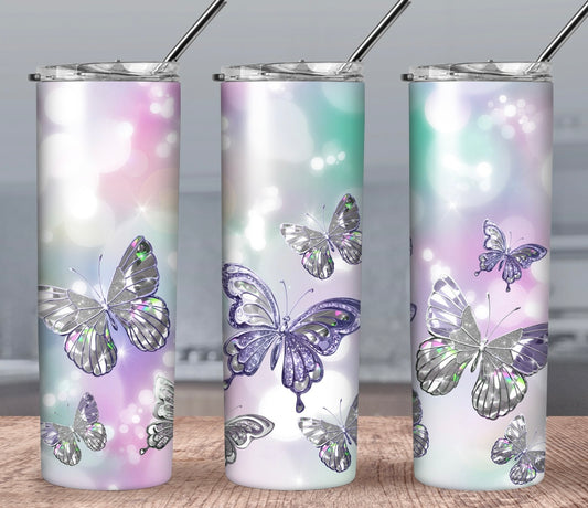 Silver sparkle butterflies tumbler