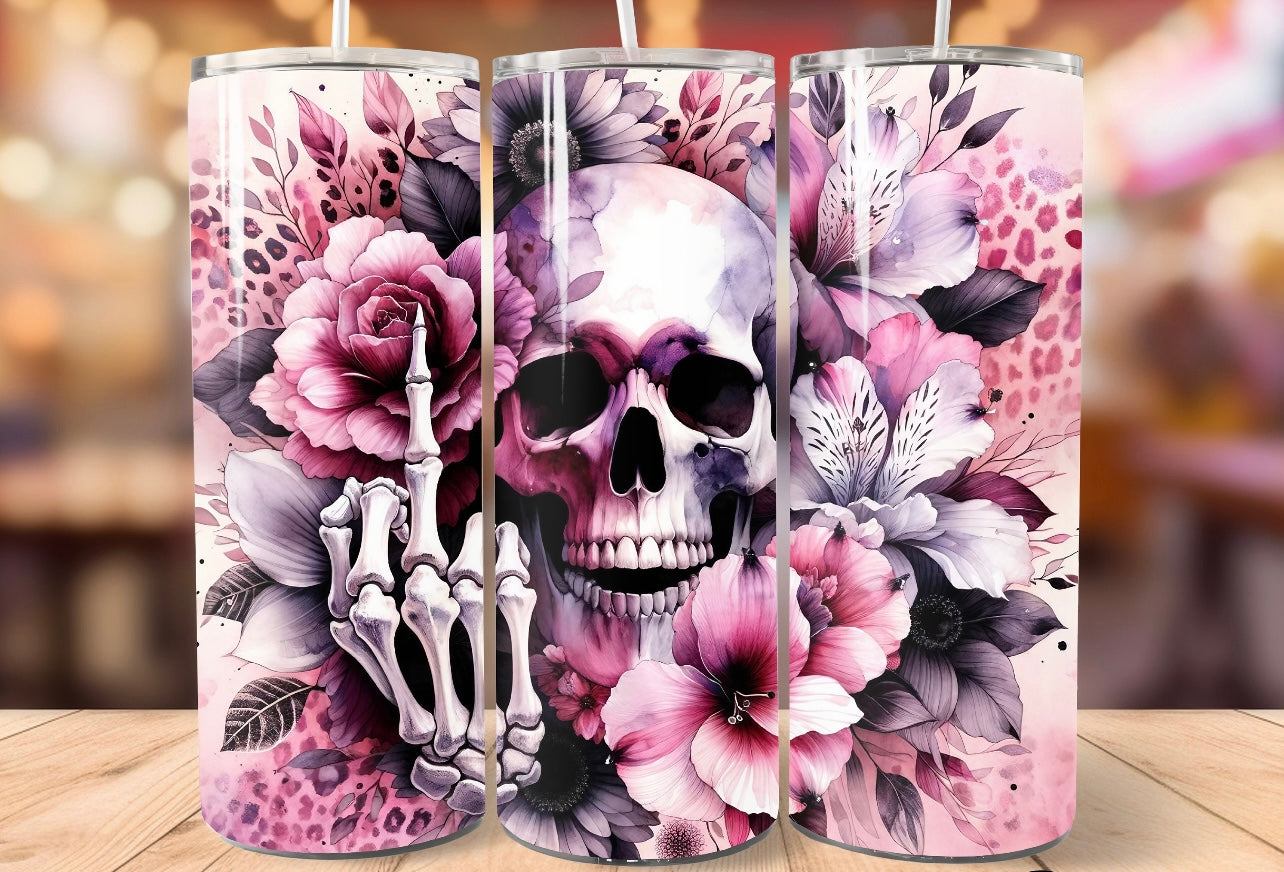 Pink flowers with skull tumbler